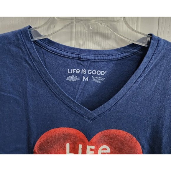 Life Is Good Women's V Neck Tee Shirt Top USA Heart Design Red/White/Blue Size M - Picture 2 of 7